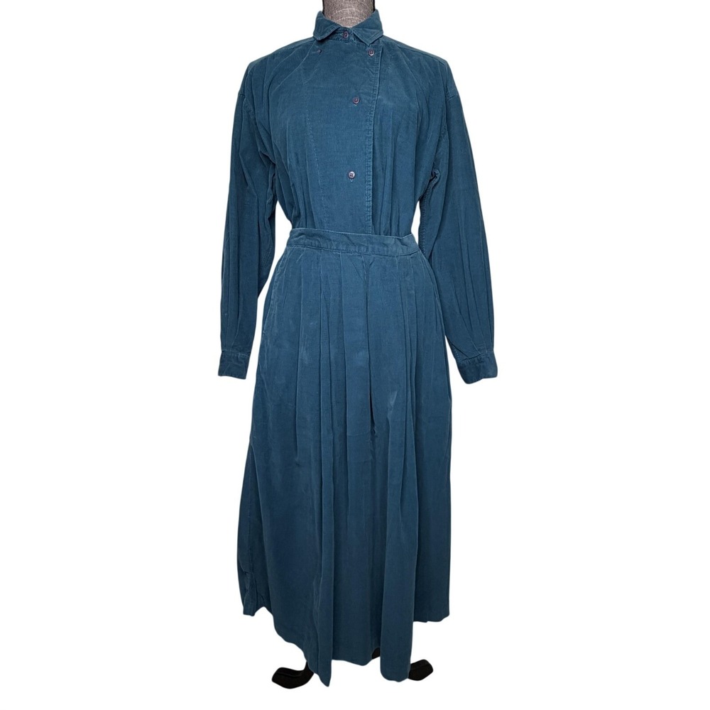 Vtg 80s Woolrich Skirt Shirt Set Women 6 Blue Corduroy Maxi Pockets Western 2 Pc